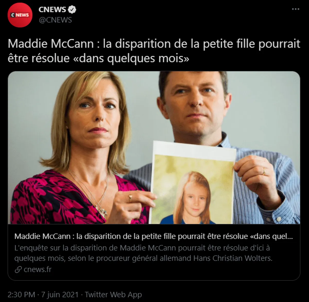 Capture d'image du Twitte de CNEWS, sur l'affaire Maddie McCann.| Photo : Twitter